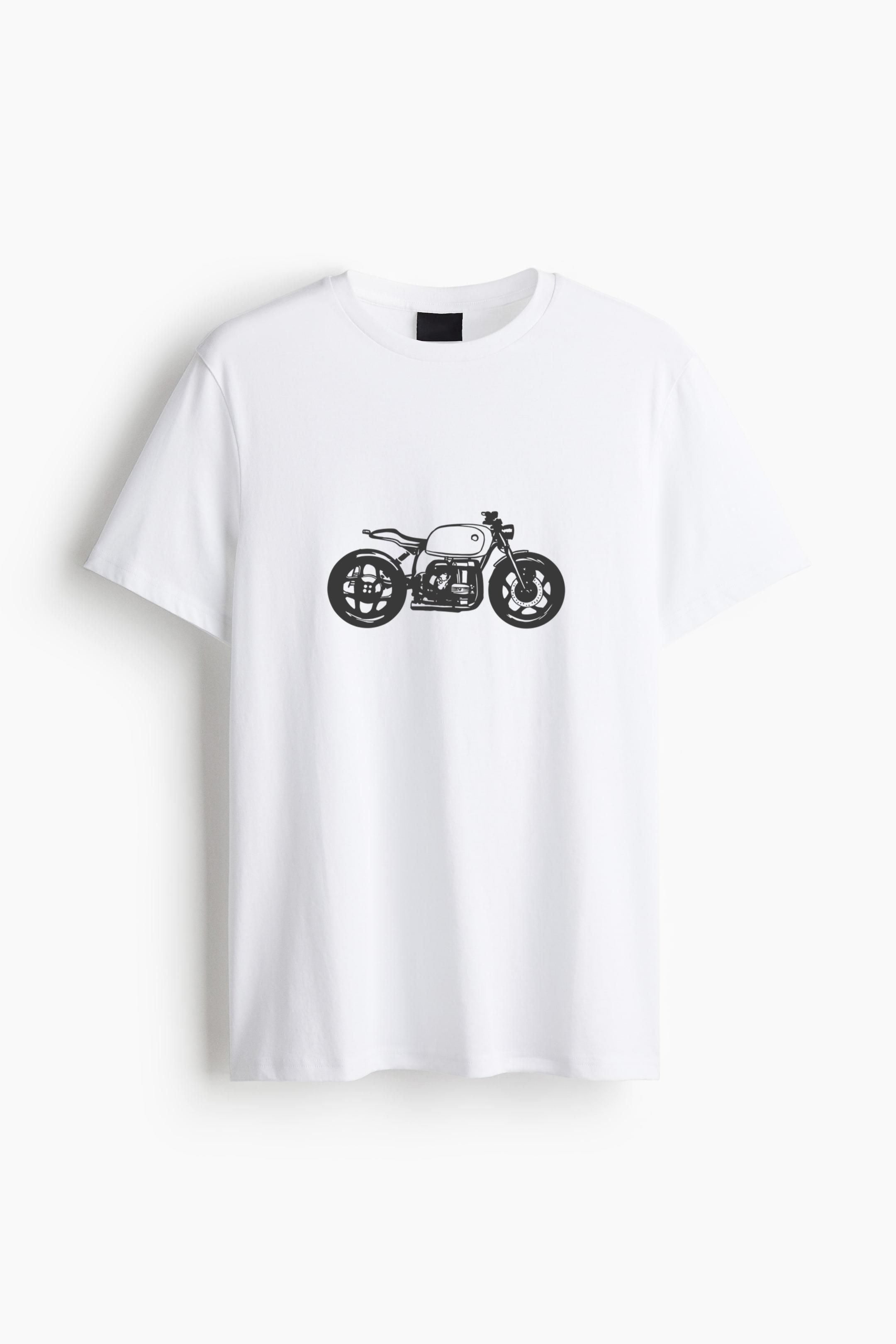 White Motorbike Filled Stroke Cotton T-Shirt 